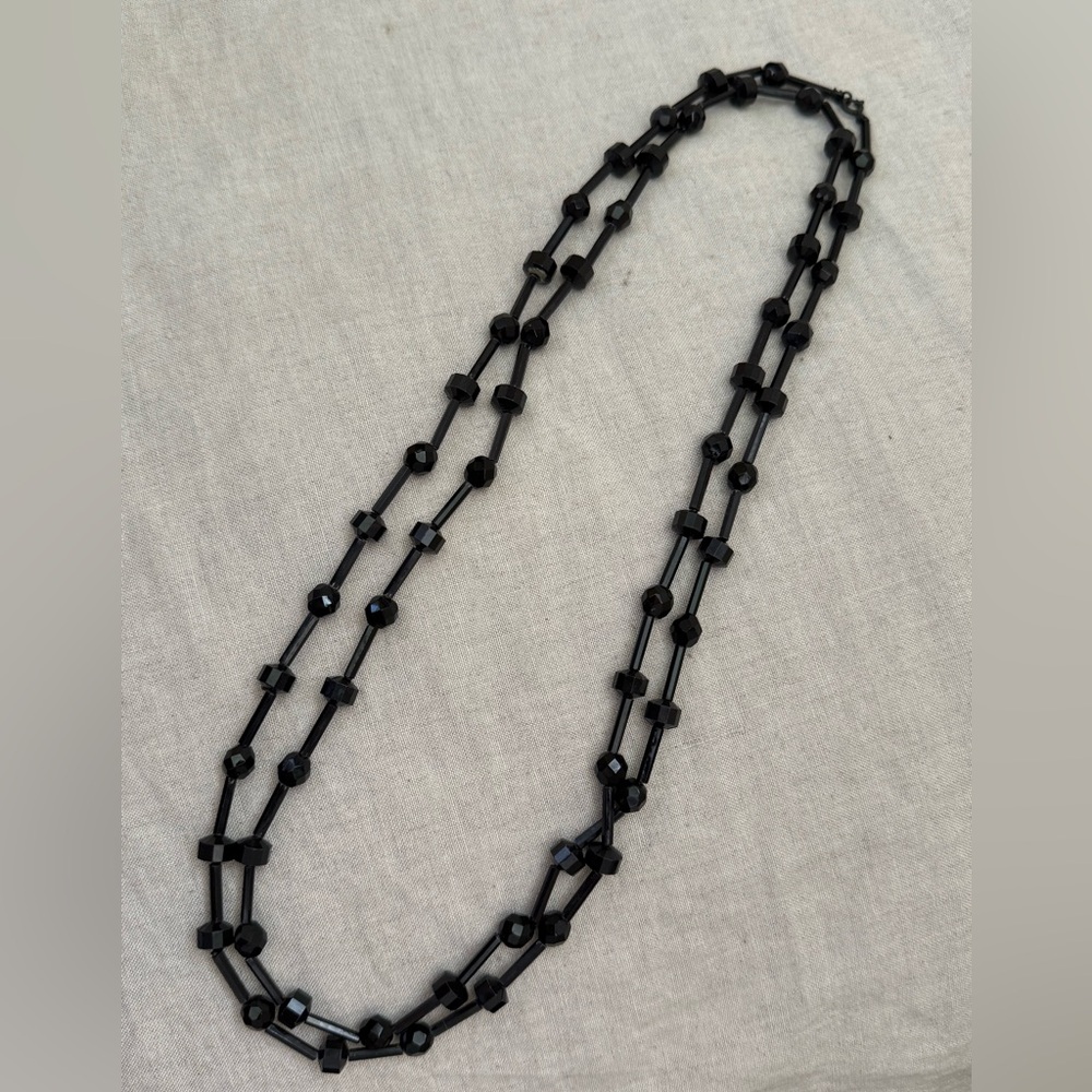 Vintage Midcentury Black Beaded Long-Strand Necklace